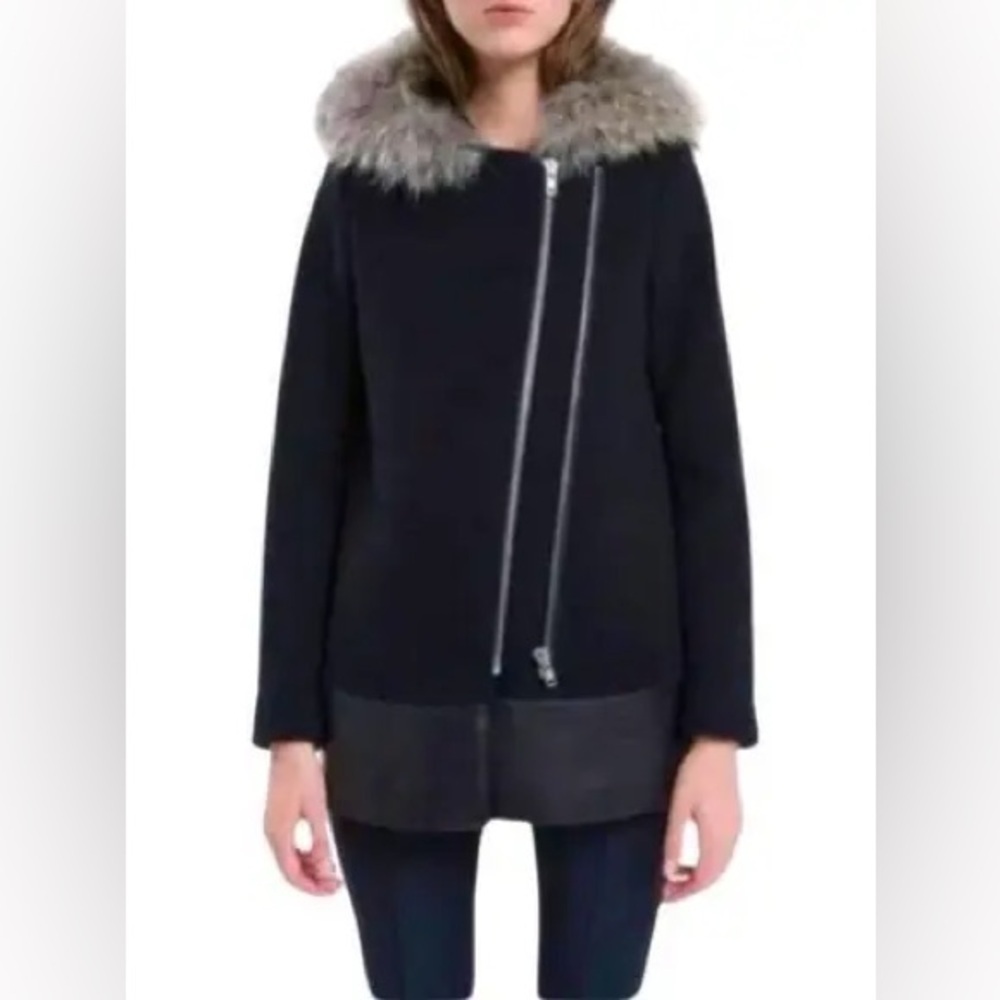 SANDRO Manoli Fur Trim Wool Leather Coat - Picture 5 of 10